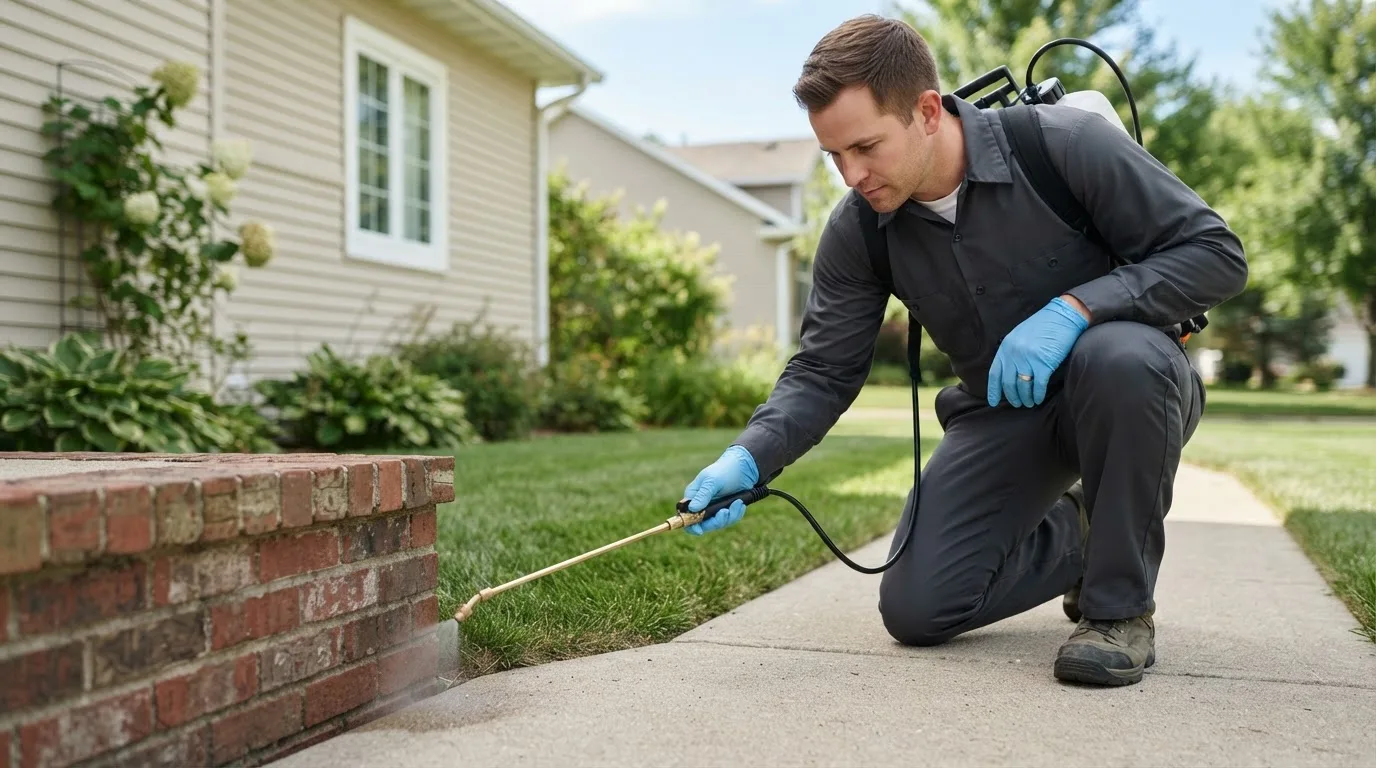 Pest control technician treating a home near Loveville, MD