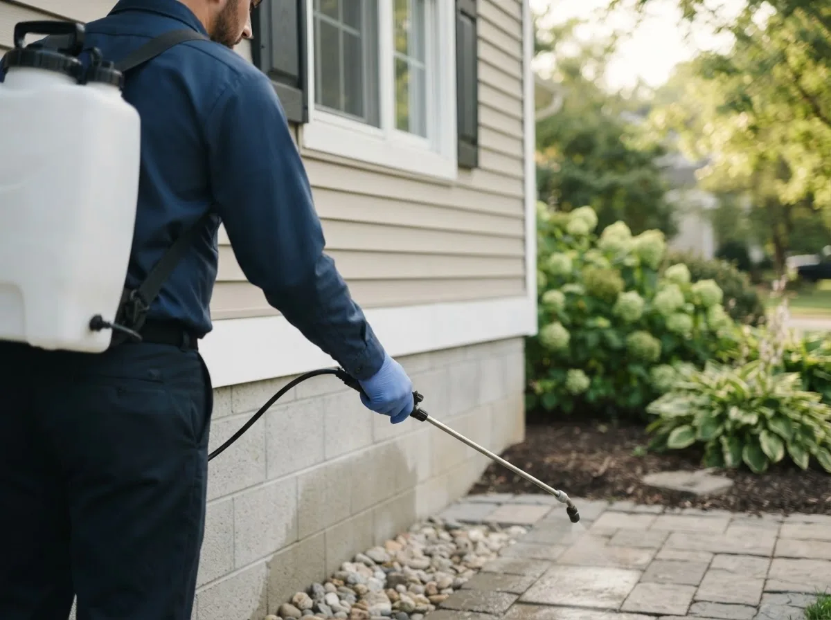 Pest control technician inspecting a home in Loveville, MD
